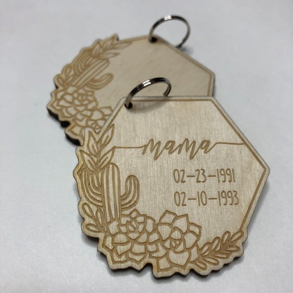 Custom Mama Birth Dates Keychain Succulent Design - Picture 2 of 3